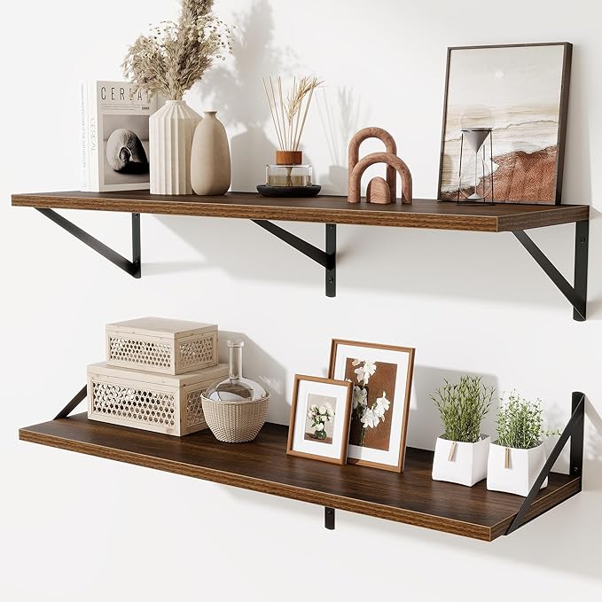 Acovy Walnut Deep Floating Shelves for Wall,36" Wx10 D Wood Wall Shelves with Metal Brackets,Hanging Storage Floating Shelf for Living Room,Bedroom,Bathroom,Office,Kitchen