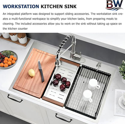 33 x 19 Drop In Kitchen Sink - 16 Gauge Stainless Steel Workstaion Kitchen Sink Handmade 10 Inch Deep Single Bowl Sinks Top Mount Easy to Clean