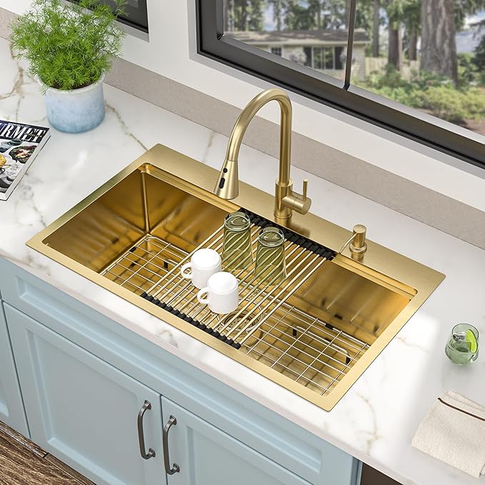 33"x19" Drop In Workstation Kitchen Sink – Brushed Gold NANO-PVD, 16 Gauge T304 Stainless Steel, Single Bowl Luxury Top Mount Sink with Faucet Combo & Soap Dispenser