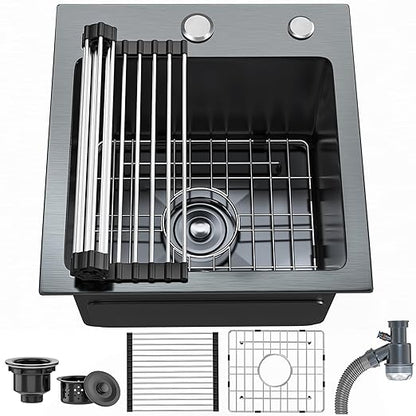 YITAHOME Black Drop In Kitchen Small Sink 15in Topmount Stainless Steel Nano Gunmetal Black Sink w/Protector Accessories, Single Bowl for Workstation, Bar 15 x 15 x 10 Inch
