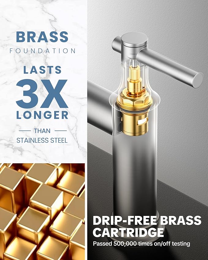 Bridge Kitchen Faucet Brushed Nickel: 3 Hole Solid Brass Farmhouse Kitchen Sink Faucet with Pull Down Sprayer, 2 Handle 8 Inch Centerset High Arched Faucet with 360° Swivel Spout