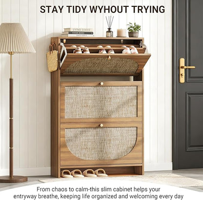 Nicetree Shoe Storage Cabinet for Entryway, Rattan Vintage Flip Shoe Rack- 3 Flip Drawers & 3-Tier Adjustable Shelves,Boho Shoe Organizer for 24-30 Pairs - Fits Size 12 Boots, 9.5" Ultra Slim (Oak)