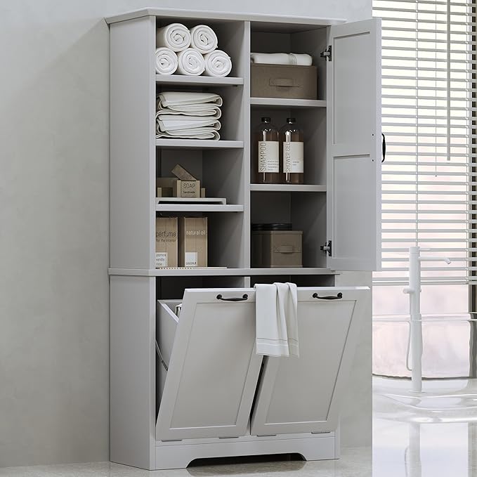 68" Tall Bathroom Storage Cabinet with One Door and Two Laundry Hampers for Home Display Organizer, Adjustable Shelf, Gray