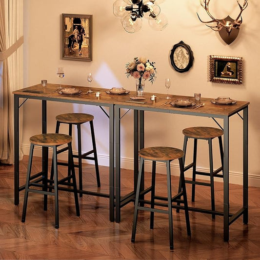 HOOBRO Bar Table with Charging Station, Rectangular Pub Table, High Top Coffee Table, Counter Bar Height Table, Narrow Long Dining Table, 35.4" L x 15.7" W x 35.6" H, Rustic Brown and Black BF90UBT01