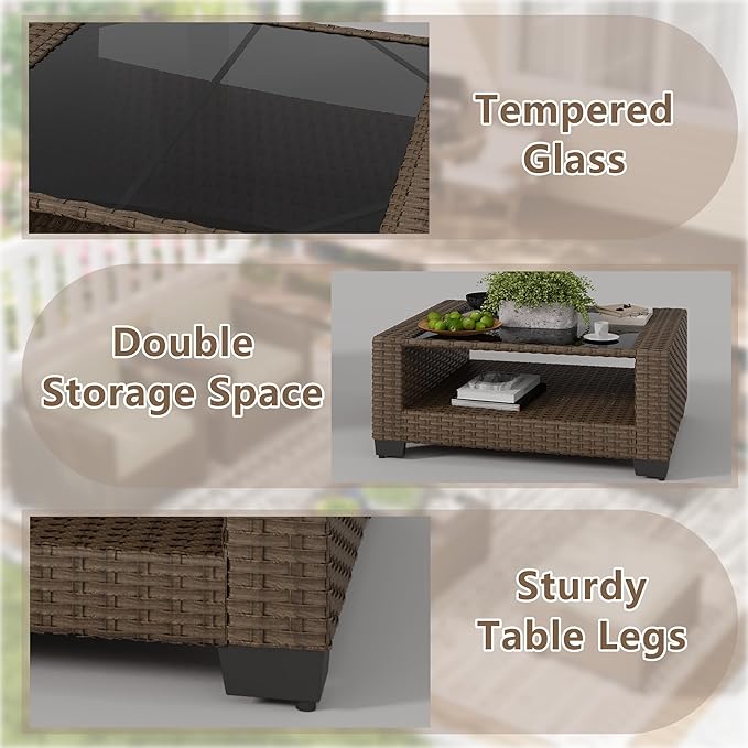 LOUVIXA 7 Piece Outdoor Patio Furniture Set, Rattan Chairs Glass Table Wicker Conversation Seating Sectional Sofa with Cushions (Brown-Beige, 7Pcs-2 Layer Coffee Table)