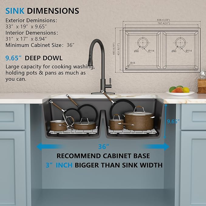 33 Granite Composite Kitchen Sink Double Bowl - Fulorni 33"x19" Granite Kitchen Sink Ledge Workstation Undermount Double Bowl 50/50 Matte Black Quartz Classic Under Counter Basin