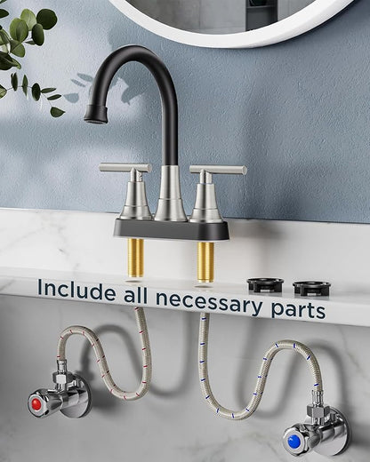 FORIOUS Black and Brushed Nickel Bathroom Faucets, 4 Inch Centerset Bathroom Sink Faucet 2 or 3 Hole with Pop up Drain and cUPC Hose, Two Handles Control, 360° spout for Restroom,Vanity, Rv