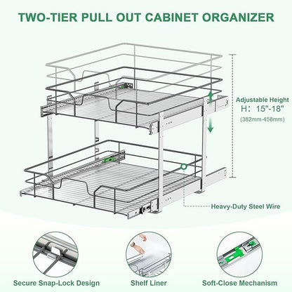 2-Tier Pull Out Cabinet Organizer (11" W x 22" D), Soft Close Cabinet Slide Out Shelves, Heavy Duty Slide Out Drawers with Shelf Liner for Kitchen Cabinets, Pantry Storage, Bathroom