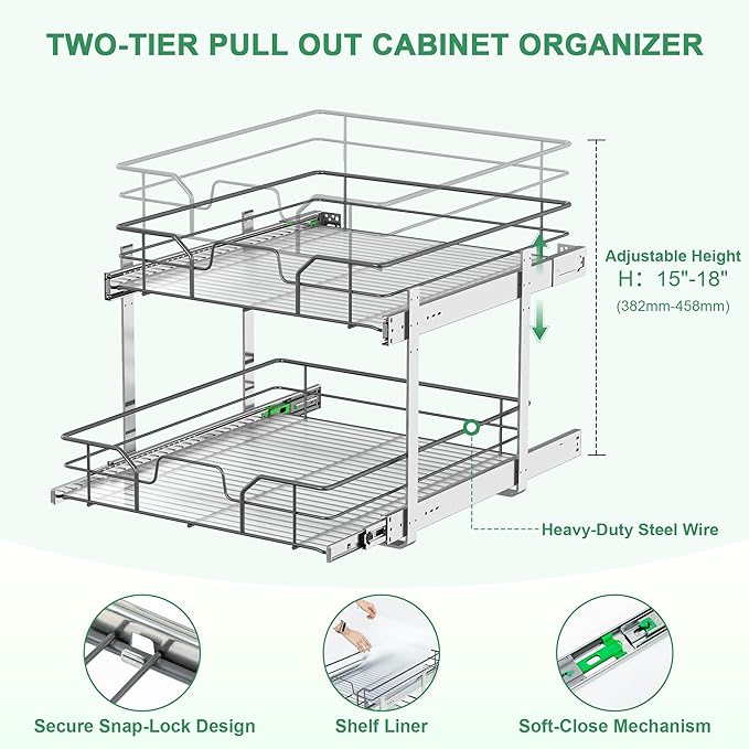 2-Tier Pull Out Cabinet Organizer (23" W x 22" D), Soft Close Cabinet Slide Out Shelves, Heavy Duty Slide Out Drawers with Shelf Liner for Kitchen Cabinets, Pantry Storage, Bathroom