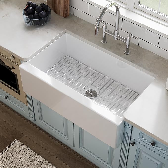 DeerValley 33" L x 20" W White Farmhouse Kitchen Sink Fireclay Apron Front Undermount Farm Sink Single Bowl Pure White Farmer Sink Large Capacity Deep Kitchen Sink with Accessories