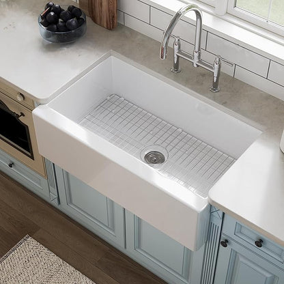 DeerValley 33" L x 20" W White Farmhouse Kitchen Sink Fireclay Apron Front Undermount Farm Sink Single Bowl Pure White Farmer Sink Large Capacity Deep Kitchen Sink with Accessories