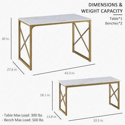 VECELO Kitchen Table with 2 Benches for 4, Wood Dining Room Dinette Sets with Metal Frame for Breakfast Nook and Small Space, Gold