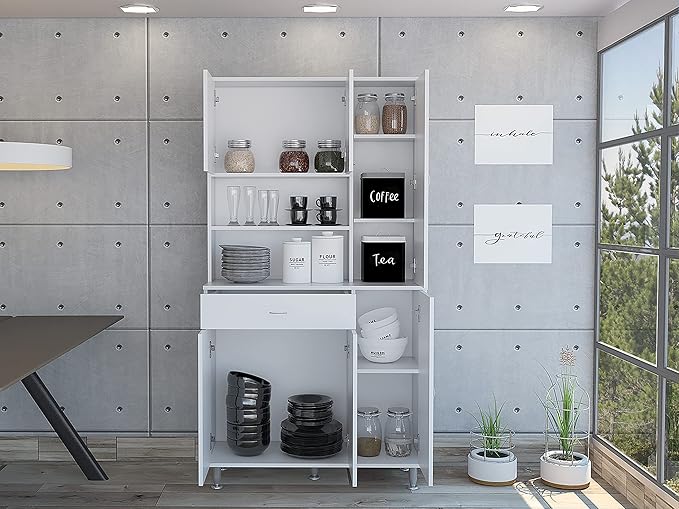 Modern Kitchen Pantry, White Storage Cabinet with 1-Shelf and 1-Drawer, Easy to Maintain, for Dining Room