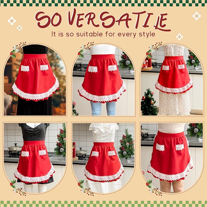 Geyoga Valentine Red Waist Aprons for Women with Pockets Kitchen Waitress Maid Apron Vintage Skirt Cute Ruffle Dress Costume