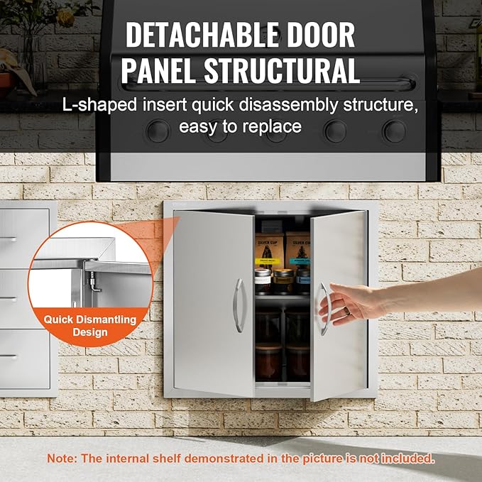 VEVOR BBQ Access Door, 26W x 24H Inch Double Outdoor Kitchen Door, Stainless Steel Flush Mount Door, Wall Vertical Door with Handles, for BBQ Island, Grilling Station, Outside Cabinet, Silver