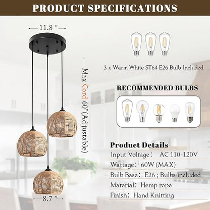 3-Light Mini Hemp Rope Woven Pendant Light Kitchen Island,3 Dome Hand Woven Boho Rattan Chandelier Farmhouse Wicker Ceiling Light,rustic Light Fixture For Living Room Hallway Dining Room(Bulb Incl.