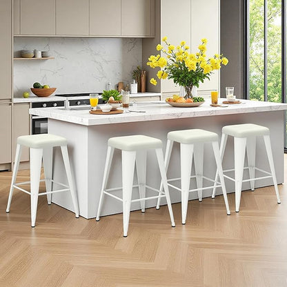 Backless Bar Stools Set of 2, Upholstered Faux Leather Counter Height Stools with Sturdy Metal Legs, 26 Inch Barstools for Kitchen Island (White)