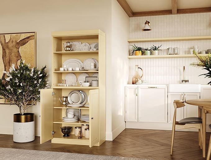 Palace Imports 100% Solid Wood Kitchen Pantry w/ 2 Wood Doors, Yellow, 32" w x 71.5" h, Renewable Eco-Friendly Pine, Made in Brazil