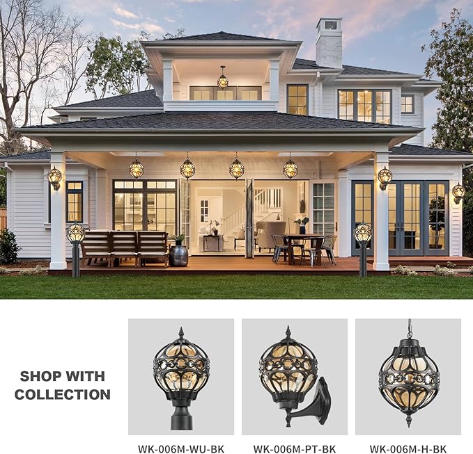 Globe Outdoor Pendant Lights for Porch Patio Garage, Matte Black Aluminum Anti-Rust Hanging Light Fixture, Industrial Round Amber Glass Exterior Chandelier, Outside Pendant Lamp, 2 Pack