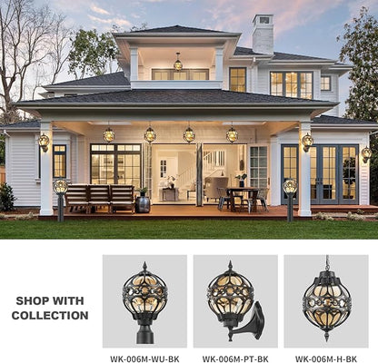 Globe Outdoor Pendant Lights for Porch Patio Garage, Matte Black Aluminum Anti-Rust Hanging Light Fixture, Industrial Round Amber Glass Exterior Chandelier, Outside Pendant Lamp, 2 Pack