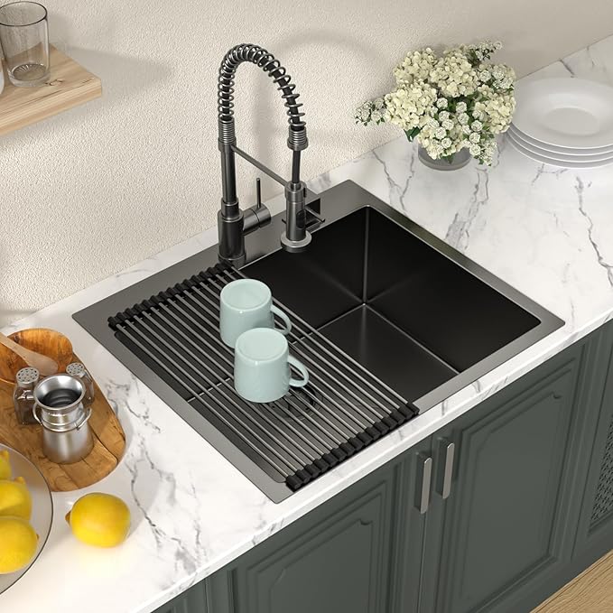 Lordear 25 Drop In Kitchen Sink 25 x 22 inch Gunmetal Black Drop Sink 16 Gauge Stainless Steel Single Bowl Topmount Over Counter Bar Prep Kitchen Sinks Basin