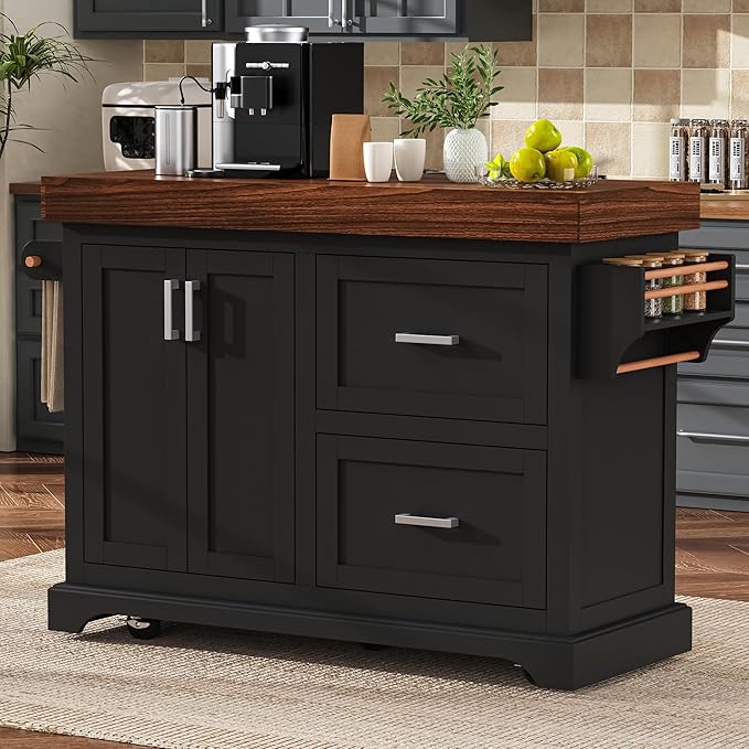 53.25" Large Kitchen Island with Storage on Wheels and 2 Extra-large Drawers, Rolling kitchen Island with Spice Rack and Towel Rack, Mobile Dining Table with 3.5" Thick Desktop and Cabinet Black