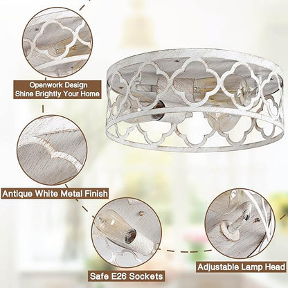 Flush Mount Ceiling Light,13-inch Ceiling Light Fixture,3-Light Kitchen Light Fixtures,Rustic Antique White Finish,Farmhouse Light Fixtures for Bedroom,Living Room,Kitchen,Hallway and Foyer
