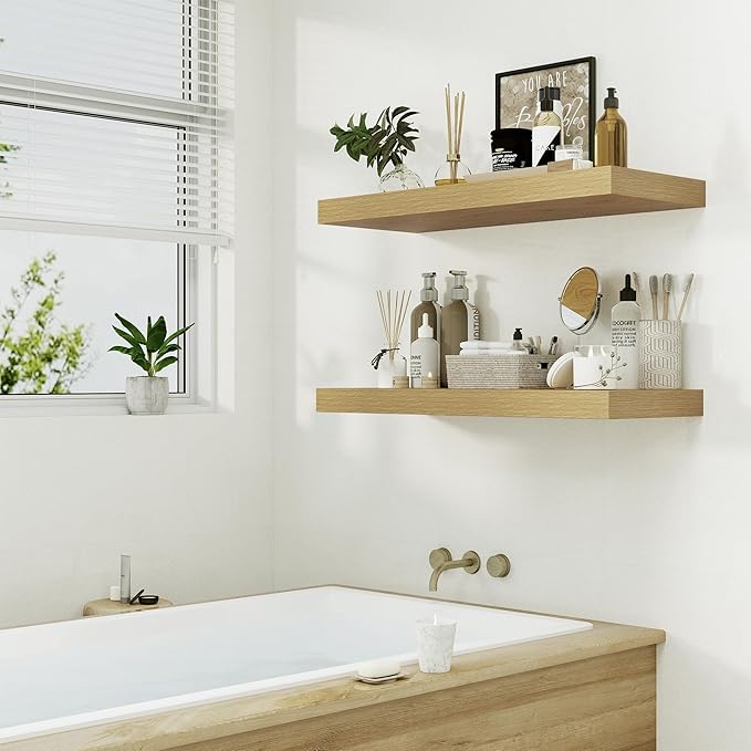 Heimlove 12" Deep Oak Floating Shelves,Over Toilet Long Wall Mounted Modern Farmhouse 36 inches,Wall Shelves with Invisible Brackets for Bedroom, Bathroom, Living Room, Kitchen, Set of 1
