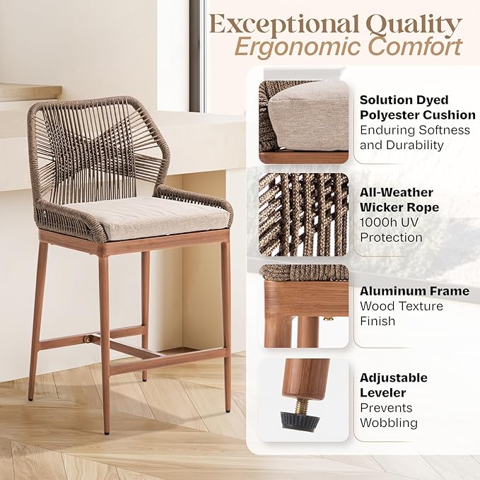 IDZO Boho Rope Bar Stools Set of 2, 24" Counter Height, 400lbs Capacity, Cushioned, Aluminum Base, Ergonomic Backrest, Indoor/Outdoor Use, Easy Assembly
