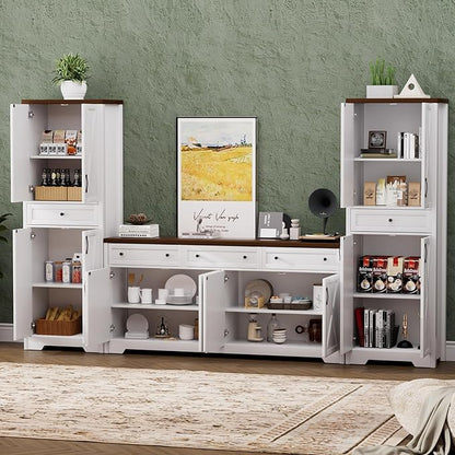 Lyromix 3 Pieces Sideboard and Pantry Set with Storage, Brown Farmhouse Wall Unit Entertainment Center, Large Kitchen Sideboard Buffet Pantry Cabinet with Drawers