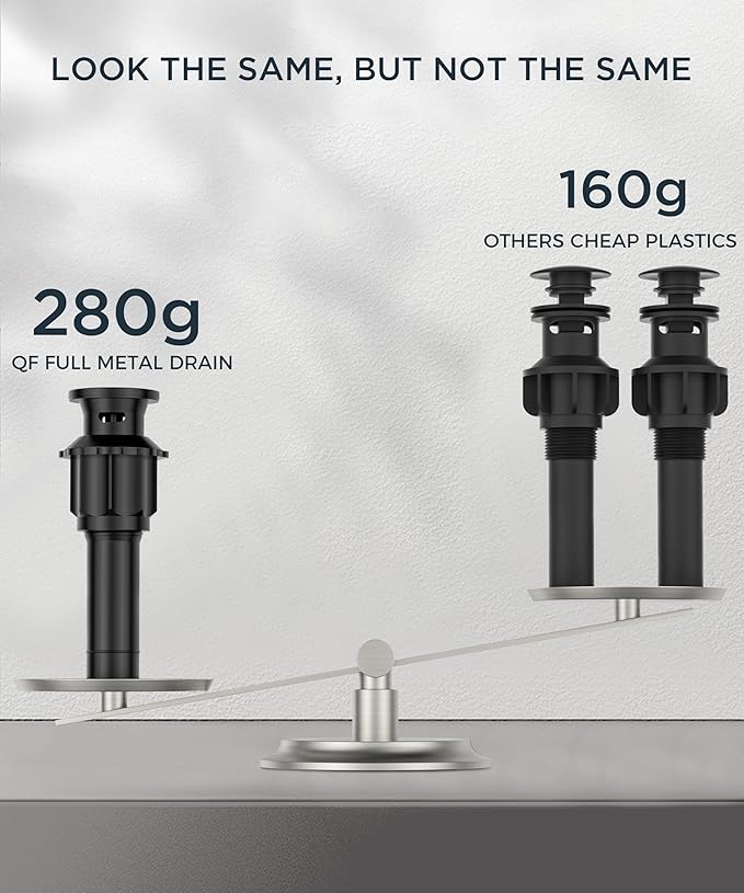 QFN Lead-Free Matte Black Bathroom Faucet 3 Hole, Square Bathroom Sink Faucet 8 Inch Widespread, 2 Handle for 4"-12" Vanity Sink with Metal Pop Up Drain and 24" cUPC Supply Hoses
