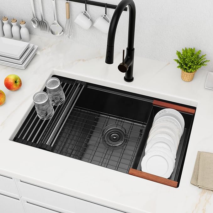LQS Black Undermount Kitchen Sink, 32 Inch Undermount Kitchen Workstation Sink with X-Shaped Drain Line, 10 Inch Deep Single Bowl Black Kitchen Sinks For Modern Kitchen