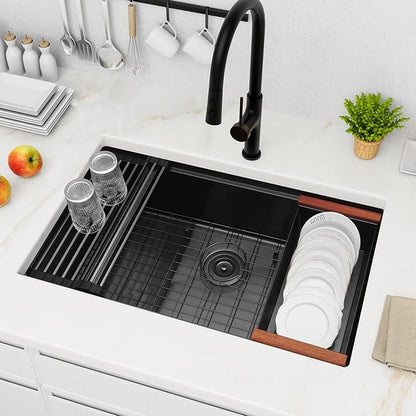 LQS Black Undermount Kitchen Sink, 32 Inch Undermount Kitchen Workstation Sink with X-Shaped Drain Line, 10 Inch Deep Single Bowl Black Kitchen Sinks For Modern Kitchen