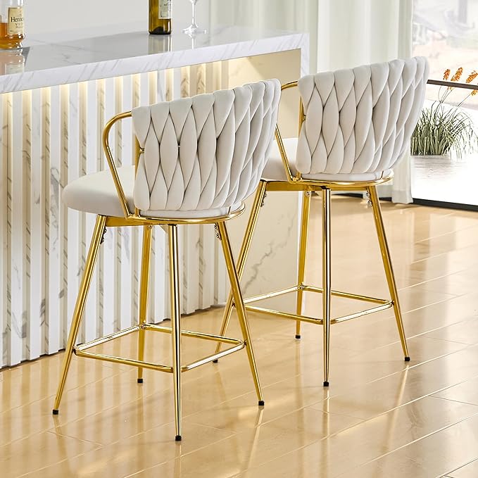 Velvet Upholstered Bar Stools Set of 2,Counter Height Bar Stools Set of 2, Modern Barstools for Kitchen Island, Cafe, Pub