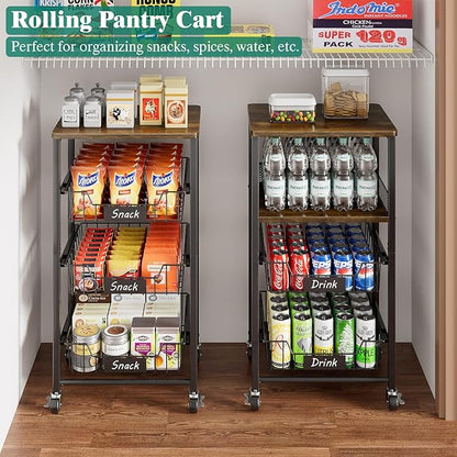 Giwil Vegetable Fruit Basket for Kitchen Pantry Organizers Storage, 4-Tier Utility Rolling Cart on Wheels with Wood Top and Drawer Wire Baskets for Onions Potatoes Snacks, Black