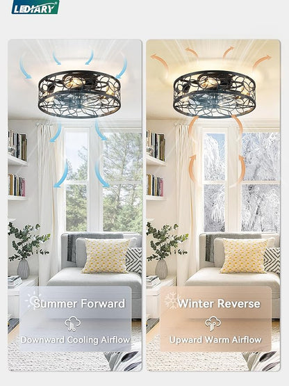 LEDIARY Caged Ceiling Fans with Lights, Black Flush Mount Ceiling Fan with Remote&App, Small Low Profile Bladeless Ceiling Fan Light Fixture for Bedroom, Kitchen, Dining Room.
