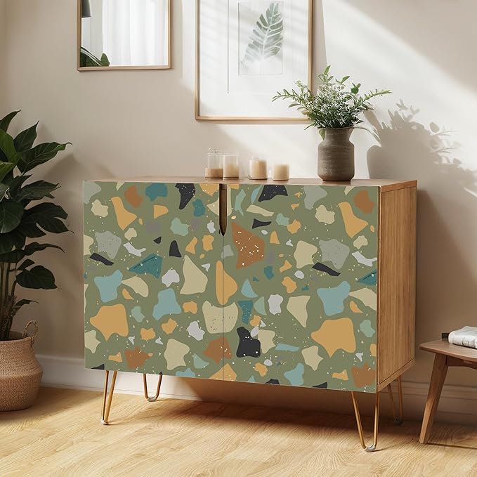 SIGNWIN Sideboard Buffet Cabinet, Kitchen Storage Cabinet with 2 Doors, Vibrant Fractal Marble Rock Pattern, Cupboard Console Table for Dining Room - 35" L x 18" W x 29" H