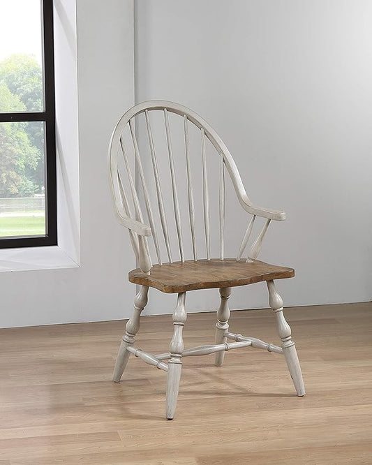 Sunset Trading Country Grove Windsor Spindleback Dining Chair with Arms | Fully Assembled Kitchen Armchair| Modern Farmhouse Minimalist Country Cottage | Distressed Gray and Brown Wood