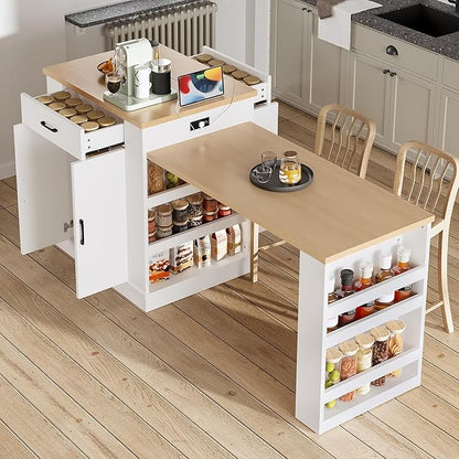 Kitchen Islands with Extendable Dining Table, Extendable Island Console with Drawers, Double-Door Cabinet and Open Shelving, Saving Space Island Table for Dining Room, White