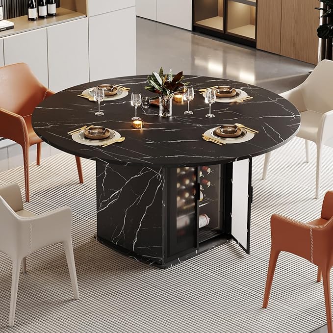 IBF Round Dining Table with Storage, Black Faux Marble Kitchen Tables for 4-6 People, 47" Modern Dining Room Tables with Fridge Space, Wood Circle Dinner Table for Home, Black Marble, Only Table