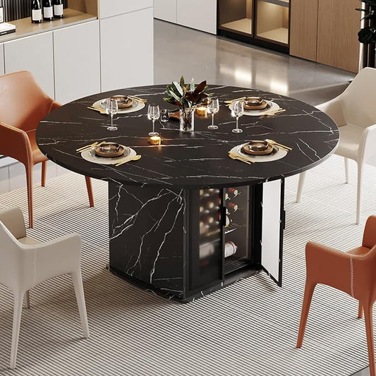 IBF Round Dining Table with Storage, Black Faux Marble Kitchen Tables for 4-6 People, 47" Modern Dining Room Tables with Fridge Space, Wood Circle Dinner Table for Home, Black Marble, Only Table