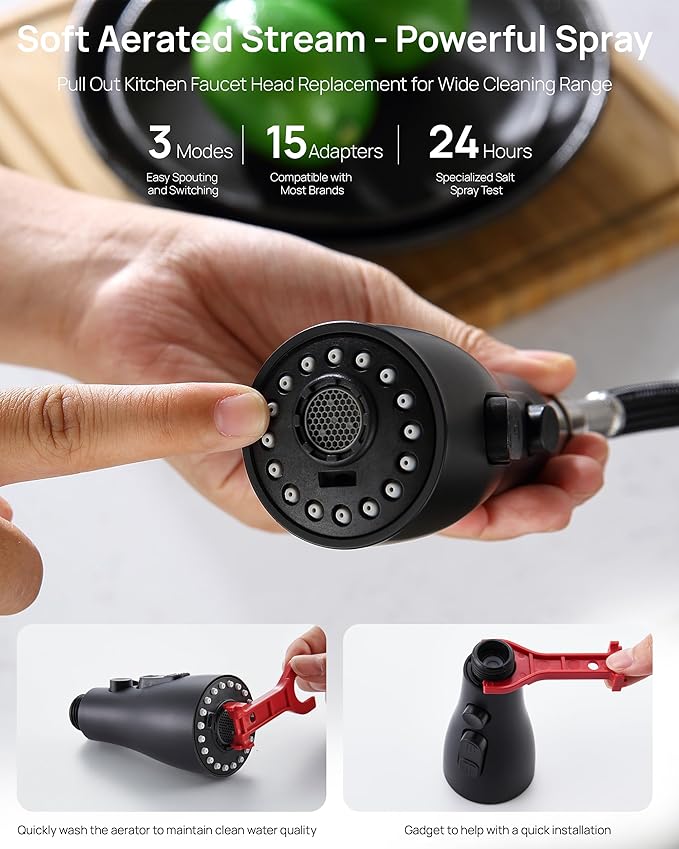 Pull Down Kitchen Faucet Sprayer Head Replacement Part with 15 Connectors, 3 Function Pull Out Sink Sprayer Replacement Nozzle, Kitchen Faucet Head Hose Spray Tap Spout, Matte Black