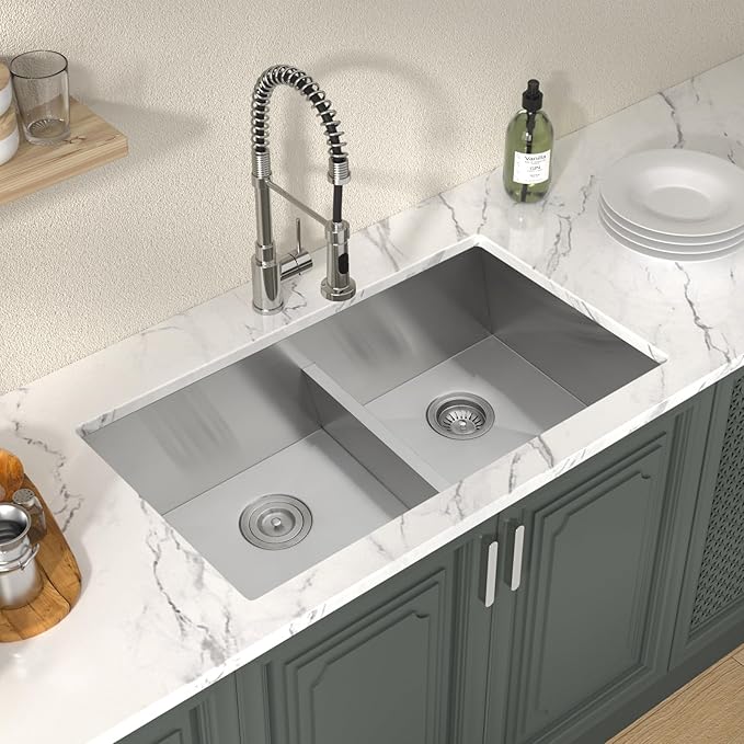 Lordear 33 Double Bowl Kitchen Sink 33x19 Inch Undermount Sink Low Divide Double Bowl 50/50 16 Gauge Stainless Steel Sinks Basin Handmade