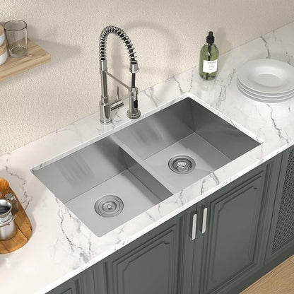 Lordear 32 Inch Undermount Double Bowl Kitchen Sink 16 Gauge Stainless Steel Double Bowl with Low Divider 32x19 Inch Double Basin Kitchen Sinks 50/50 Handmade