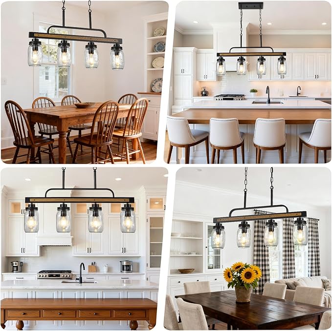 4-Light Farmhouse Dining Room Chandelier, Black Mason Jar Chandelier Lighting Fixture for Kitchen Island, Dining Room, Rustic Linear Cluster Hanging Pendant Light, Faux Wood with Glass Shade