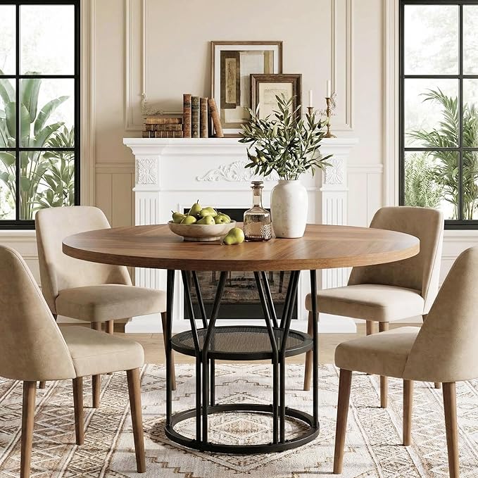 Garvee Round Dinning Table for 4-6 - 47" Circle Dinner Table with Storage Shelf & Sturdy Metal Frame, Modern Breakfast Tea Tray for Kitchen, Living Room, Apartment, Office, Brown