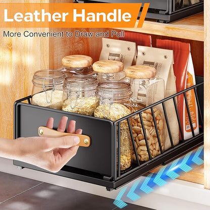 Pull out Cabinet Organizer,Heavy Duty Slide out Pantry Shelves Drawer Storage with Adhesive Nano Film,Sliding Mesh Cabinet Basket with Handle for Kitchen, Bathroom, Home, 9.8"W X 15.7"D X 6.2"H,Black