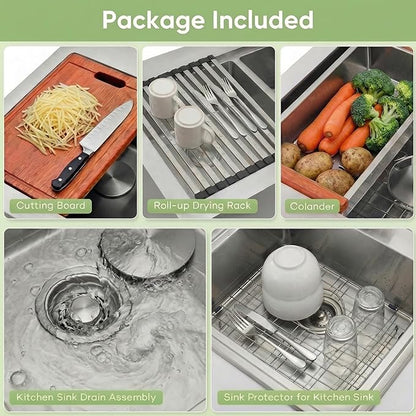 LQS Double Bowl Kitchen Sink, Undermount/Drop In Kitchen Sink, Double Bowl Stainless Steel Kitchen Sinks, 16 Gauge Stainless Steel Handmade Sinks (Stainless Steel, 28" x 22" x 10")
