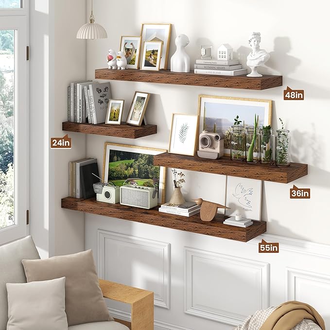 Heimlove Floating Shelves for Wall 48 Inch Long,Extra Large and Thick Wood Shelves Mounted Storage Hanging Shelf Invisible Bracket for Bedroom,Living Room,Kitchen,Office,Set of 2,Rustic Brown