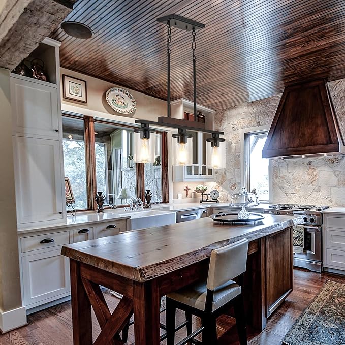 Kitchen Island Lighting,3-Lights Rectangle Farmhouse Dining Room Light Fixture Over Table,Wood Pendant Lights Kitchen Island,Black Wood Linear Chandelier Ceiling Hanging with Glass Shades